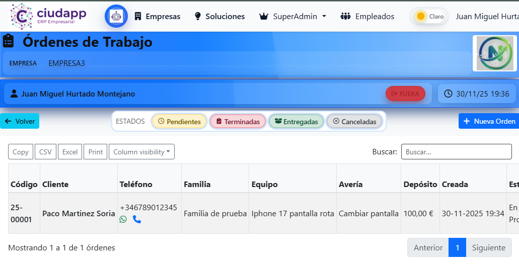 Panel de Ciudapp con listado de órdenes de trabajo por estado y opciones de filtrado y exportación.