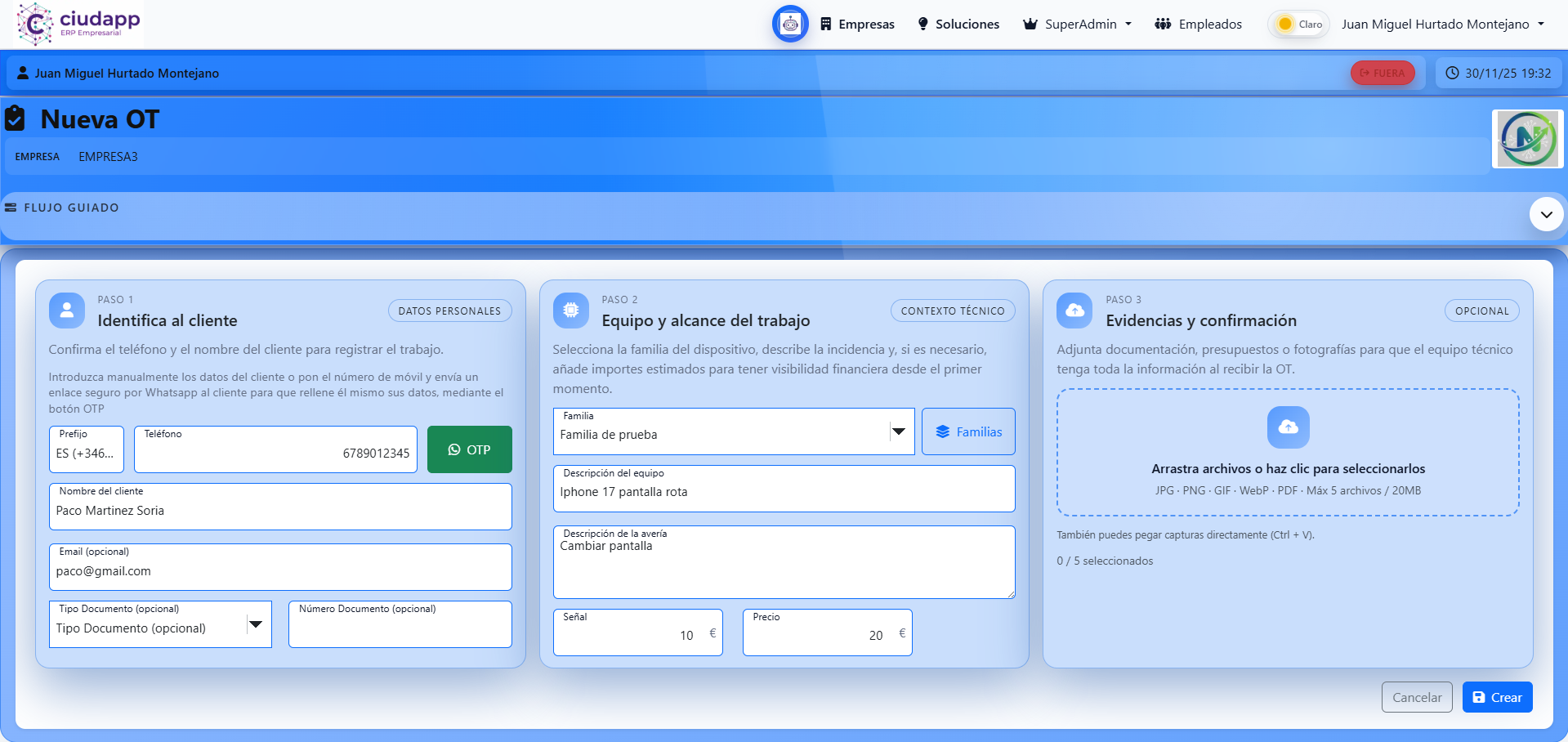 Formulario de nueva orden de trabajo en Ciudapp desde ordenador con pasos guiados y campos económicos.